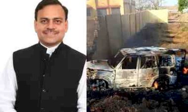 कांग्रेस विधायक की कार में लगी आग : गाय को बचाने के चक्कर में बाउंड्री वॉल से टकराई योगेंद्र सिंह की स्कॉर्पियो; धू-धू कर जली गाड़ी